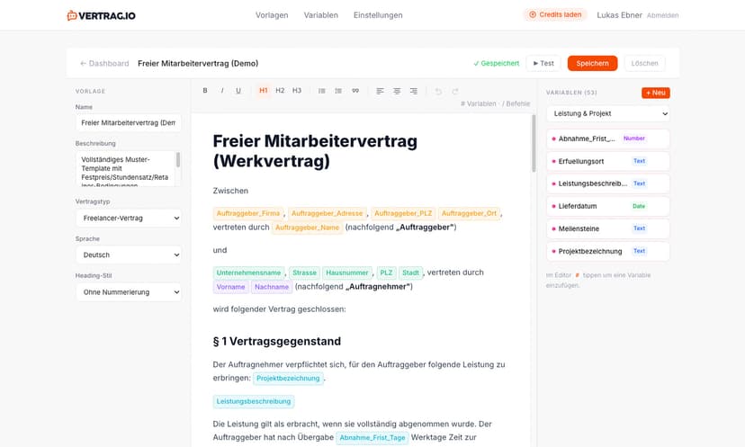 Template-Editor mit Variablen und Klauseln