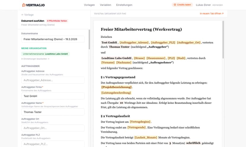 Variablen ausfüllen – Live-Vorschau